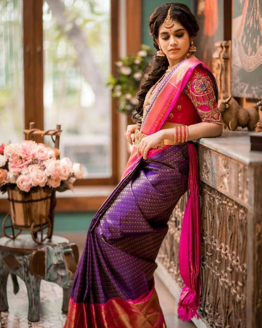 Ailurophile Purple Soft Banarasi Silk Saree with Amazing Blouse Piece