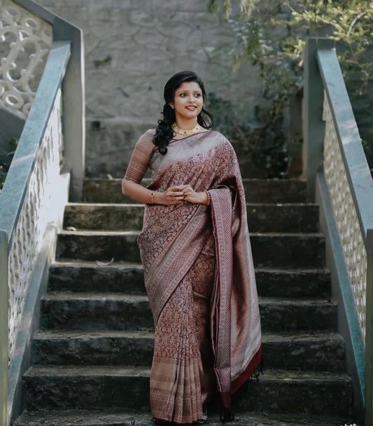 Amazing Maroon Soft Banarasi Silk Saree with Unique Blouse Piece