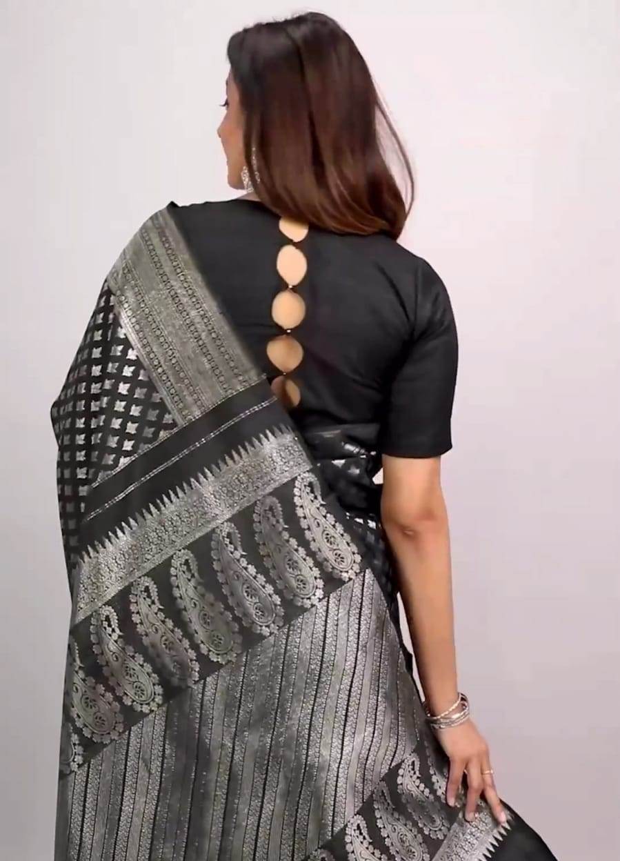 Amazing Black Soft Banarasi Silk Saree with Unique Blouse Piece