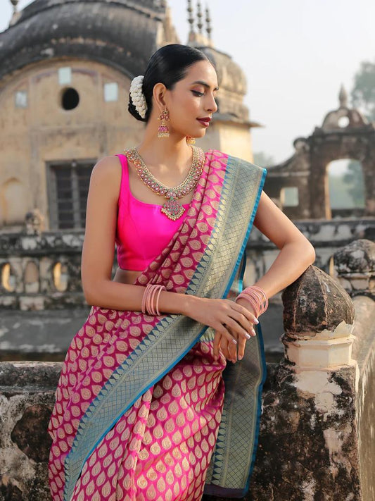 Artistic Pink Banarasi Satin Silk Saree with Rich Wine Blouse Piece