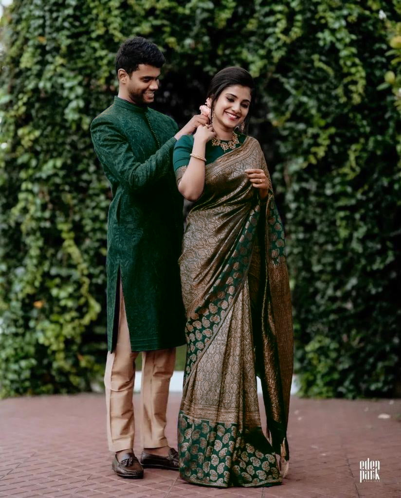 Amazing Green Soft Banarasi Silk Saree with Unique Blouse Piece
